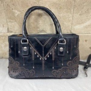 Patricia Nash Black Laser Metallic Floral Cut Angela Satchel
